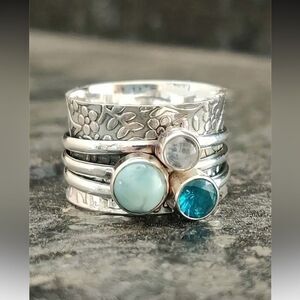 Free People Silver Stackable Rings with Blue and Aqua Stones